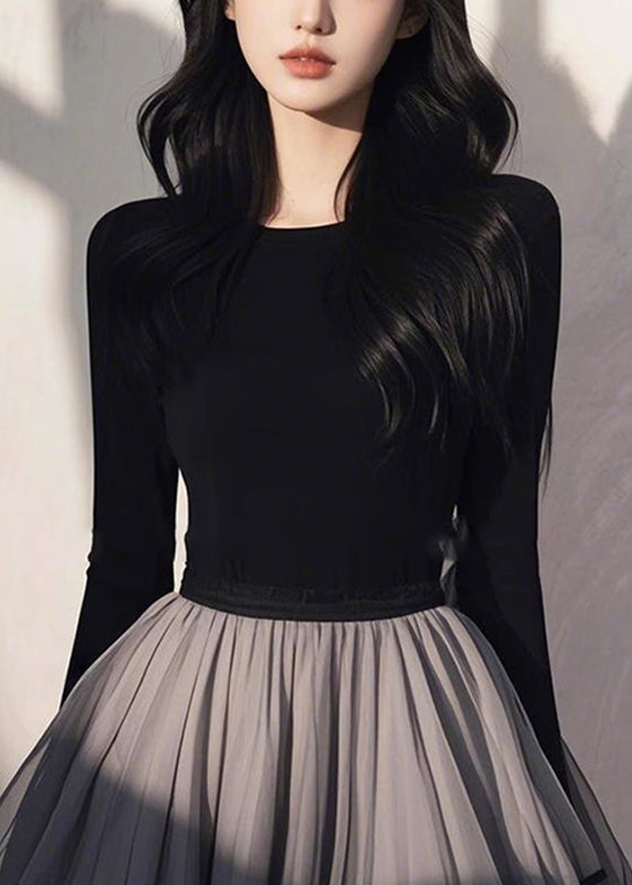 Wrinkled Black Patchwork Tulle Handmade Long Spring Dress FashionChic