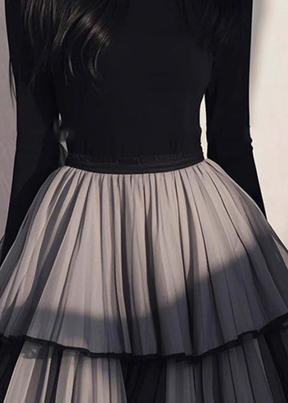 Wrinkled Black Patchwork Tulle Handmade Long Spring Dress FashionChic