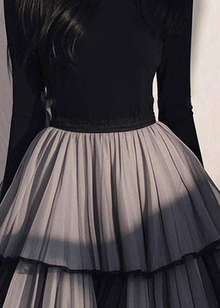 Wrinkled Black Patchwork Tulle Handmade Long Spring Dress FashionChic