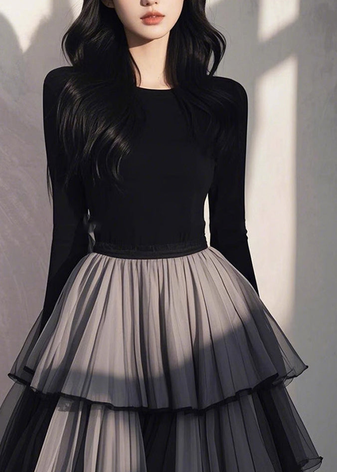 Wrinkled Black Patchwork Tulle Handmade Long Spring Dress FashionChic