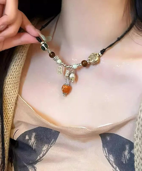 Handmade Ceramics Weave Pendant Beads Necklace Alloy Black FashionChic