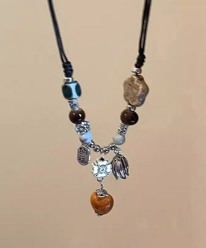 Handmade Ceramics Weave Pendant Beads Necklace Alloy Black FashionChic