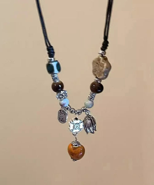 Handmade Ceramics Weave Pendant Beads Necklace Alloy Black FashionChic