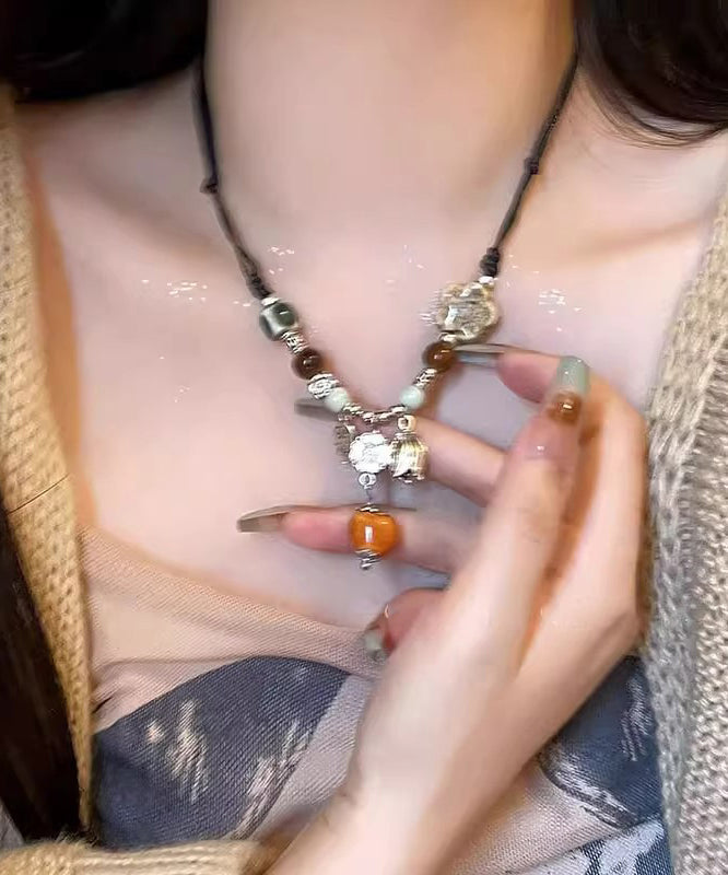 Handmade Ceramics Weave Pendant Beads Necklace Alloy Black FashionChic