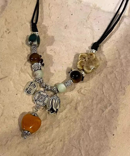 Handmade Ceramics Weave Pendant Beads Necklace Alloy Black FashionChic