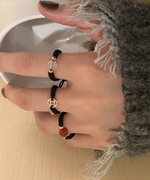 Rings Agate Three-Piece Black Handmade Weave Coin Copper Crystal FashionChic