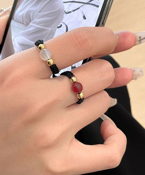 Rings Agate Three-Piece Black Handmade Weave Coin Copper Crystal FashionChic