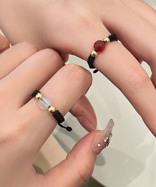 Rings Agate Three-Piece Black Handmade Weave Coin Copper Crystal FashionChic