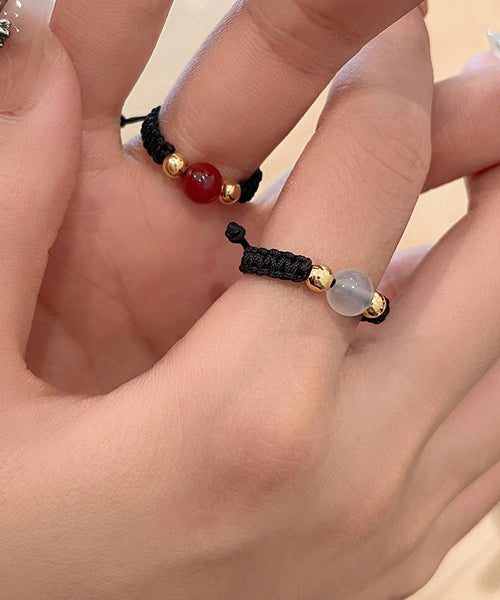Rings Agate Three-Piece Black Handmade Weave Coin Copper Crystal FashionChic