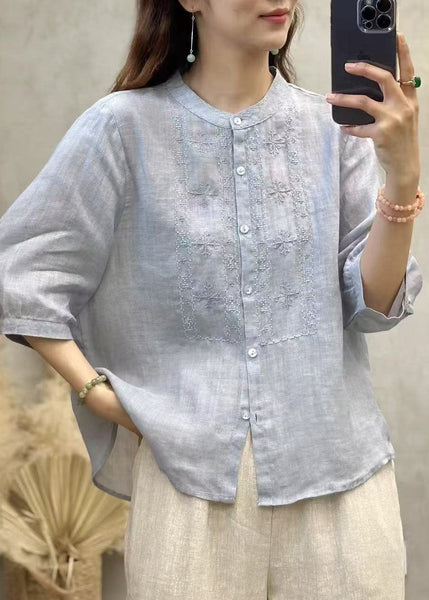 Sleeve Linen Embroidered Blue Half Tops Handmade FashionChic