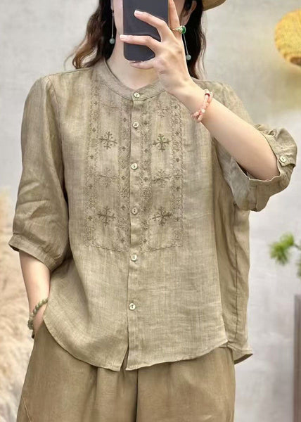 Sleeve Linen Embroidered Blue Half Tops Handmade FashionChic