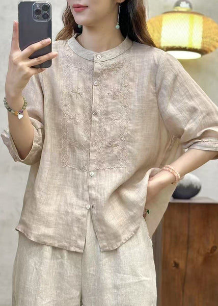 Sleeve Linen Embroidered Blue Half Tops Handmade FashionChic