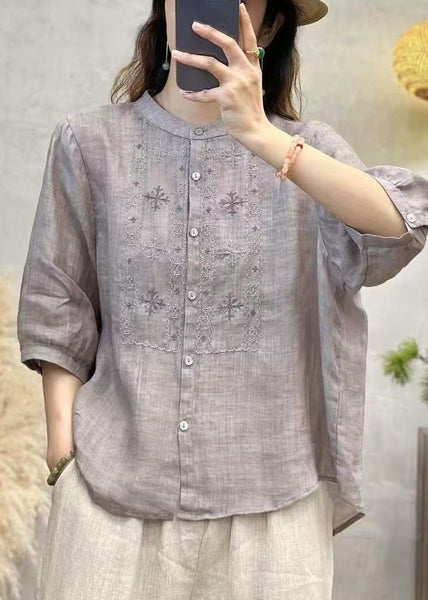 Sleeve Linen Embroidered Blue Half Tops Handmade FashionChic