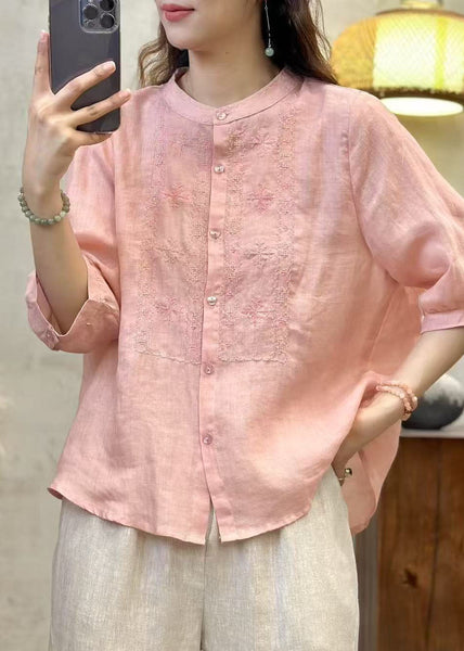 Sleeve Linen Embroidered Blue Half Tops Handmade FashionChic