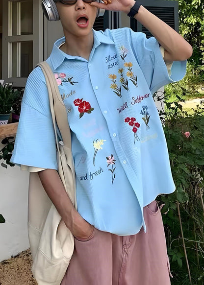 Handmade Cotton Embroideried Mens Blue Shirt Plaid Summer FashionChic