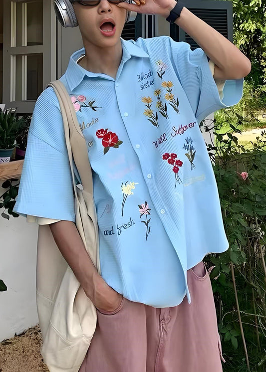 Handmade Cotton Embroideried Mens Blue Shirt Plaid Summer FashionChic