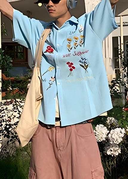 Handmade Cotton Embroideried Mens Blue Shirt Plaid Summer FashionChic