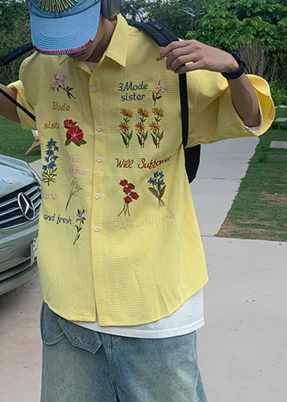 Handmade Cotton Embroideried Mens Blue Shirt Plaid Summer FashionChic