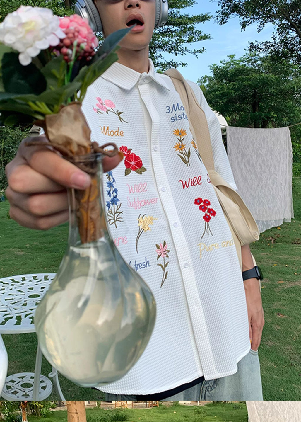 Handmade Cotton Embroideried Mens Blue Shirt Plaid Summer FashionChic