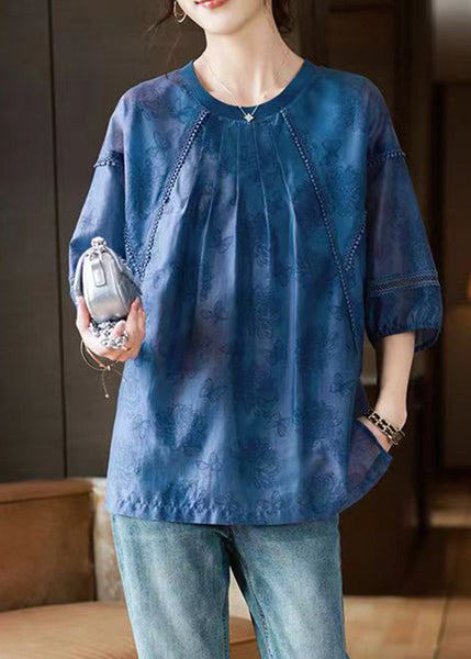 Handmade Blue O-Neck Butterfly Print Top Bracelet Sleeve WW019 OL-HTP240812