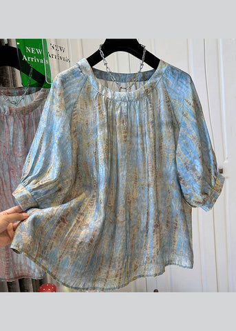 Bracelet Tie Handmade Neck Top O Dye Blue Sleeve Chiffon FashionChic
