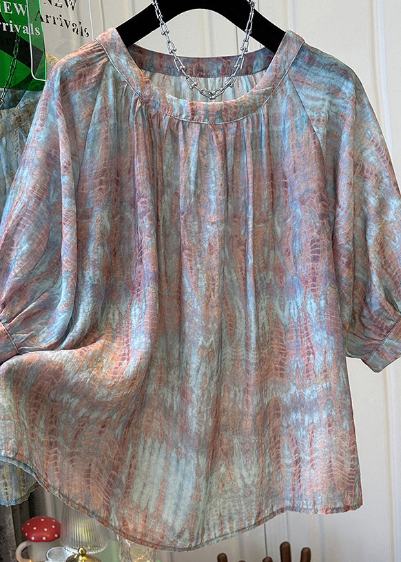 Bracelet Tie Handmade Neck Top O Dye Blue Sleeve Chiffon FashionChic