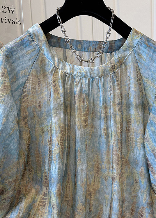 Bracelet Tie Handmade Neck Top O Dye Blue Sleeve Chiffon FashionChic