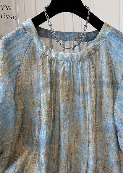 Bracelet Tie Handmade Neck Top O Dye Blue Sleeve Chiffon FashionChic