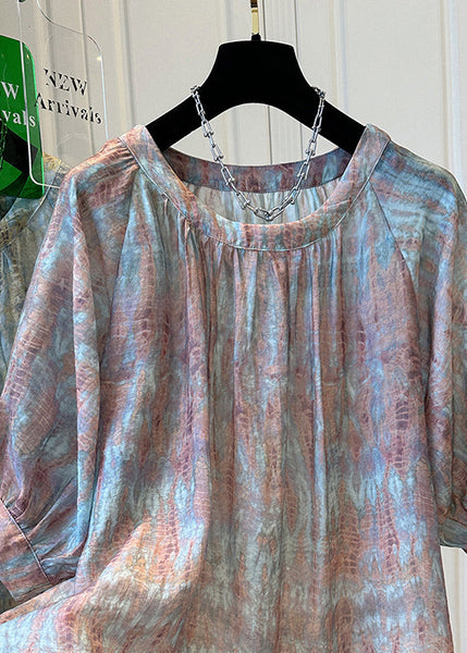 Bracelet Tie Handmade Neck Top O Dye Blue Sleeve Chiffon FashionChic