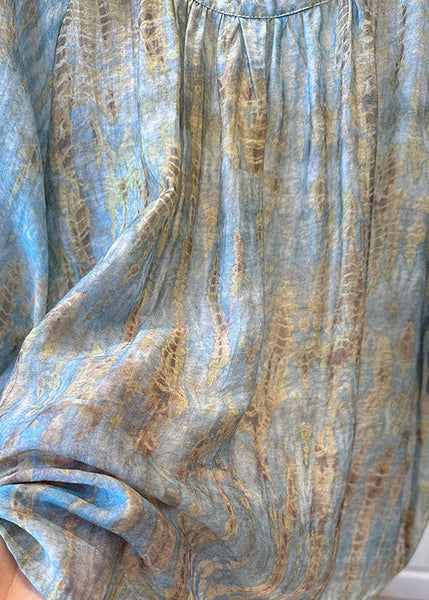 Bracelet Tie Handmade Neck Top O Dye Blue Sleeve Chiffon FashionChic