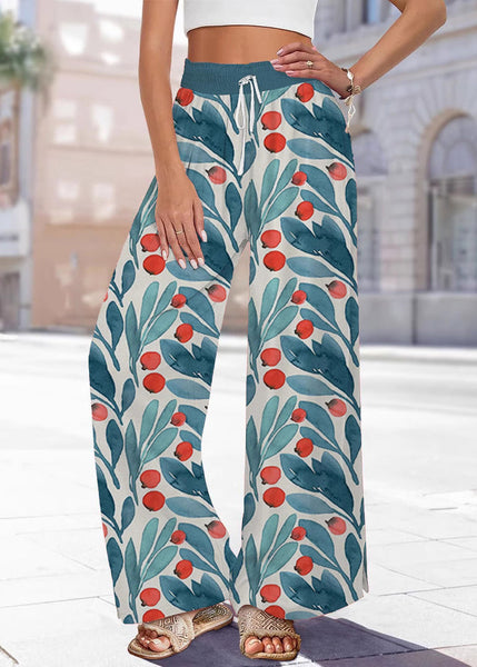 Pants Leg Waist Print Blue Summer Elastic Handmade Wide FashionChic