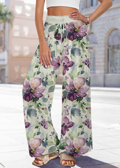 Pants Leg Waist Print Blue Summer Elastic Handmade Wide FashionChic