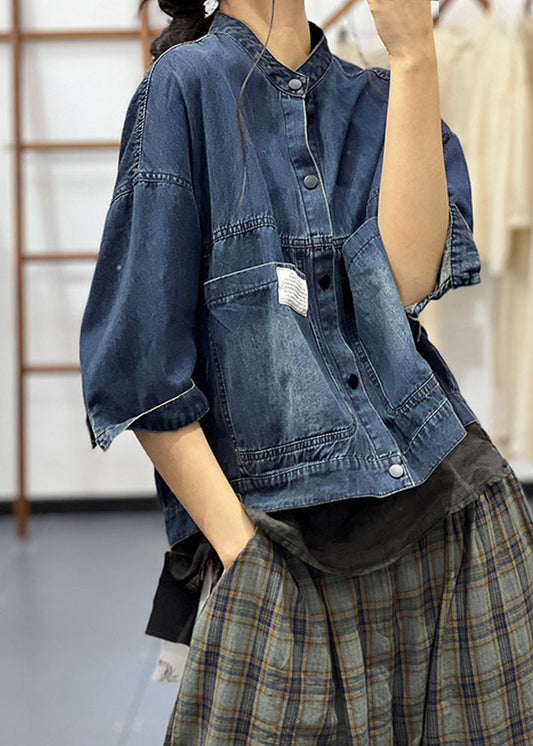 Handmade Blue Stand Collar Button Denim Coat Half Sleeve UU041 OM-MM240820