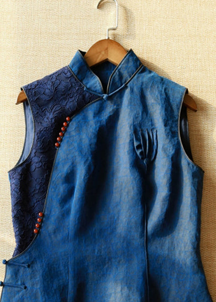 Handmade Blue Stand Collar Patchwork Button Silk Vest Summer QB025 HS-VTP241025