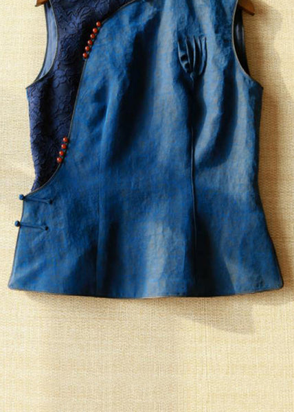 Handmade Blue Stand Collar Patchwork Button Silk Vest Summer QB025 HS-VTP241025