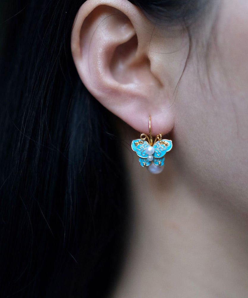 Handmade Blue Sterling Silver Overgild Pearl Enamel Butterfly Drop Earrings WQ008 JEW-EAR241102