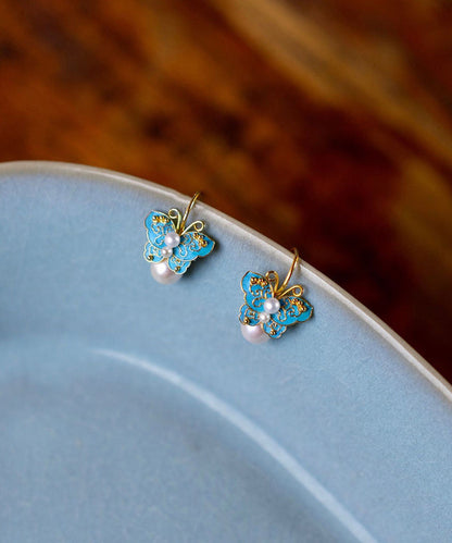 Handmade Blue Sterling Silver Overgild Pearl Enamel Butterfly Drop Earrings WQ008 JEW-EAR241102