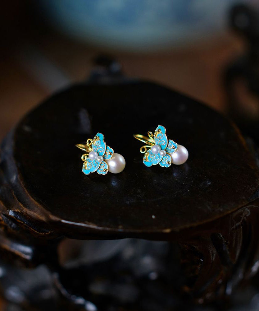 Handmade Blue Sterling Silver Overgild Pearl Enamel Butterfly Drop Earrings WQ008 JEW-EAR241102