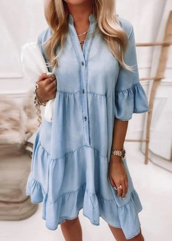 Denim Dresses V Handmade Vacation Mid Flare Neck Patchwork Blue FashionChic