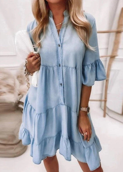Denim Dresses V Handmade Vacation Mid Flare Neck Patchwork Blue FashionChic