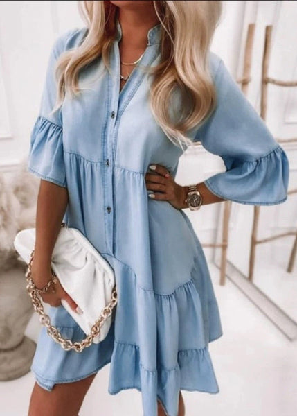 Denim Dresses V Handmade Vacation Mid Flare Neck Patchwork Blue FashionChic