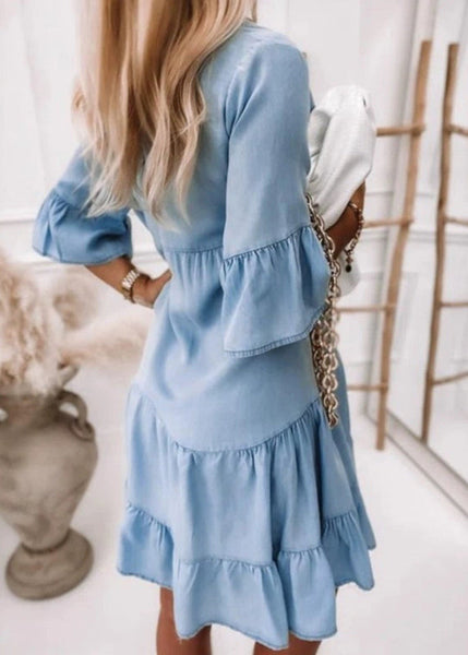 Denim Dresses V Handmade Vacation Mid Flare Neck Patchwork Blue FashionChic