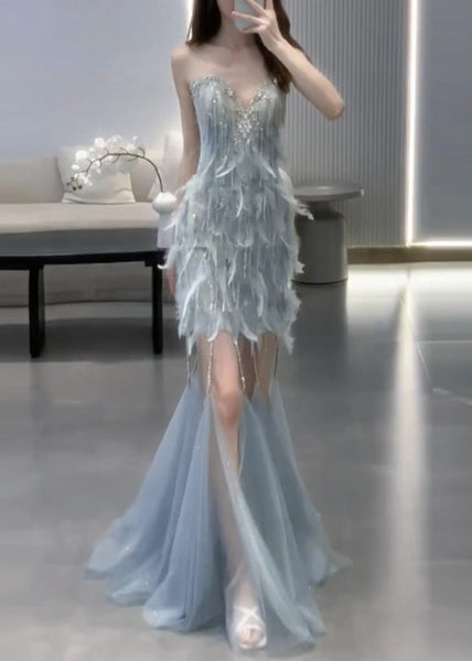 Dress Feather And Blue Handmade Tulle Two Pieces Zircon Cape Set FashionChic