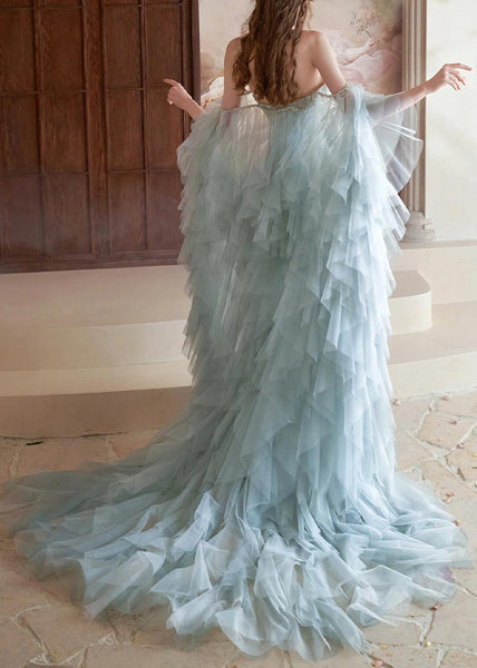 Dress Feather And Blue Handmade Tulle Two Pieces Zircon Cape Set FashionChic