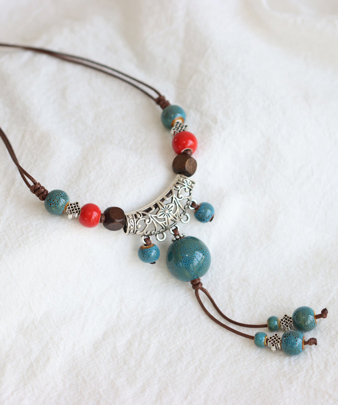 Handmade Bronze Coppery Woven Ceramics Hollow Out Tassel Pendant Necklace TX006