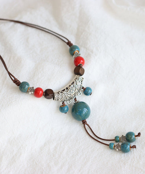 Handmade Bronze Coppery Woven Ceramics Hollow Out Tassel Pendant Necklace TX006