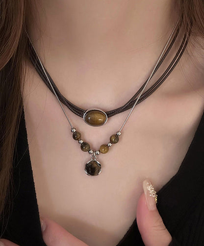 Handmade Brown Alloy Tiger Eye Stone Tassel Two Piece Set Pendant Necklace WI005 JEW-NLC241105