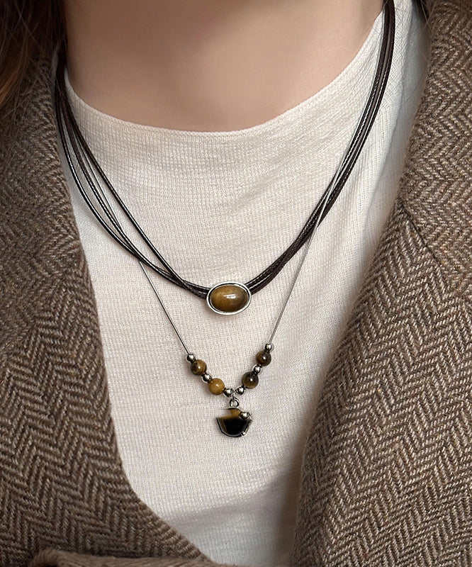 Handmade Brown Alloy Tiger Eye Stone Tassel Two Piece Set Pendant Necklace WI005 JEW-NLC241105