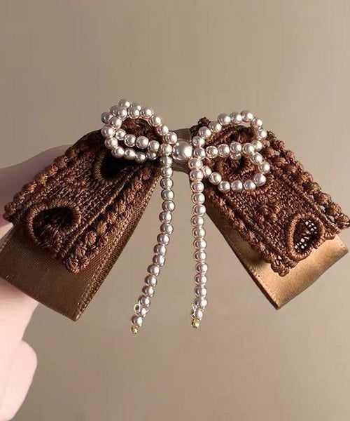 Hairpin Handmade Bow Fabric Pearl Art Brown FashionChic