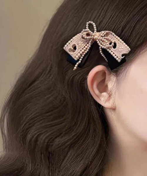 Hairpin Handmade Bow Fabric Pearl Art Brown FashionChic